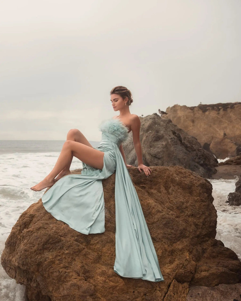 Green Strapless Feather Detail Satin Gown
