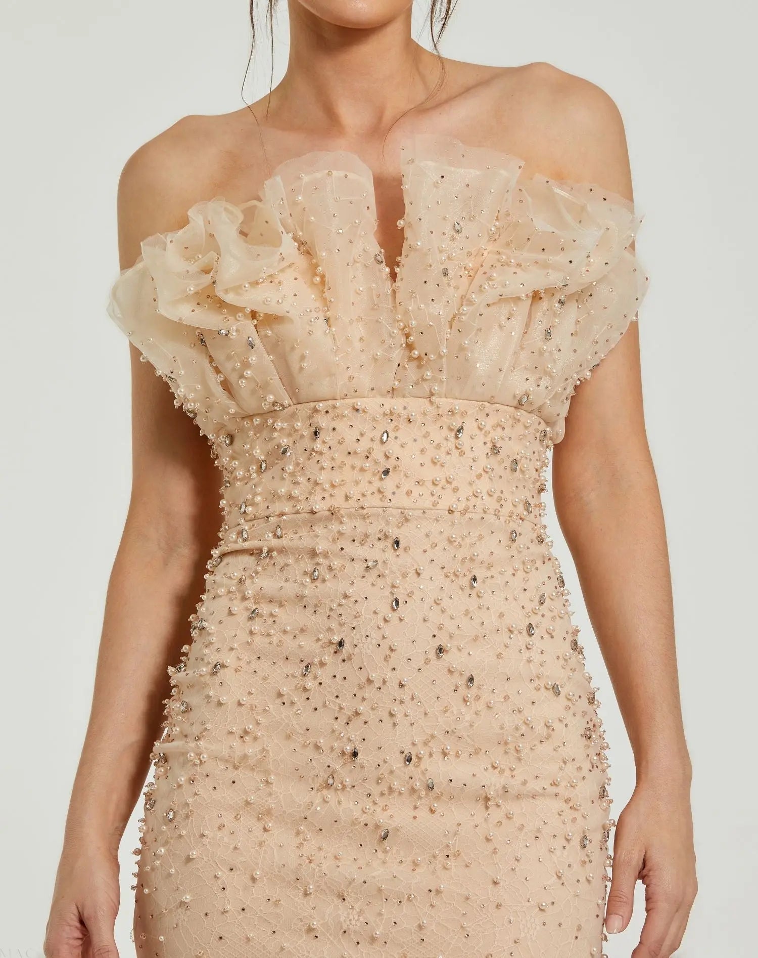 Beige Strapless Embellished Tulle Mermaid Gown