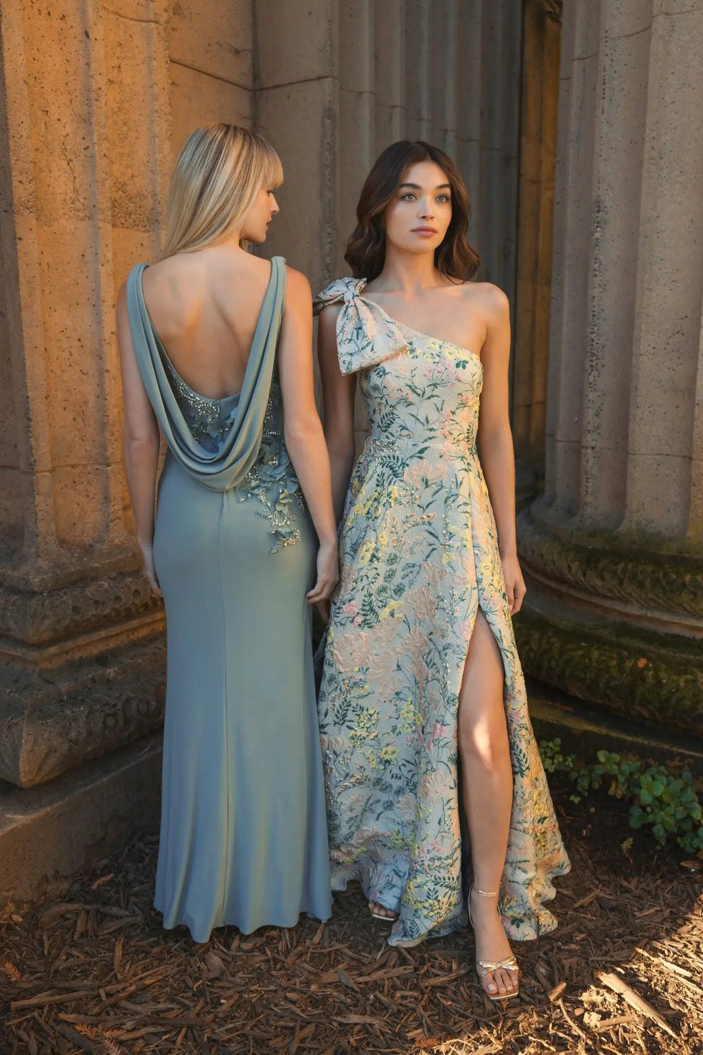 Green Sleeveless Jersey Cowl Neck Gown With Beading
