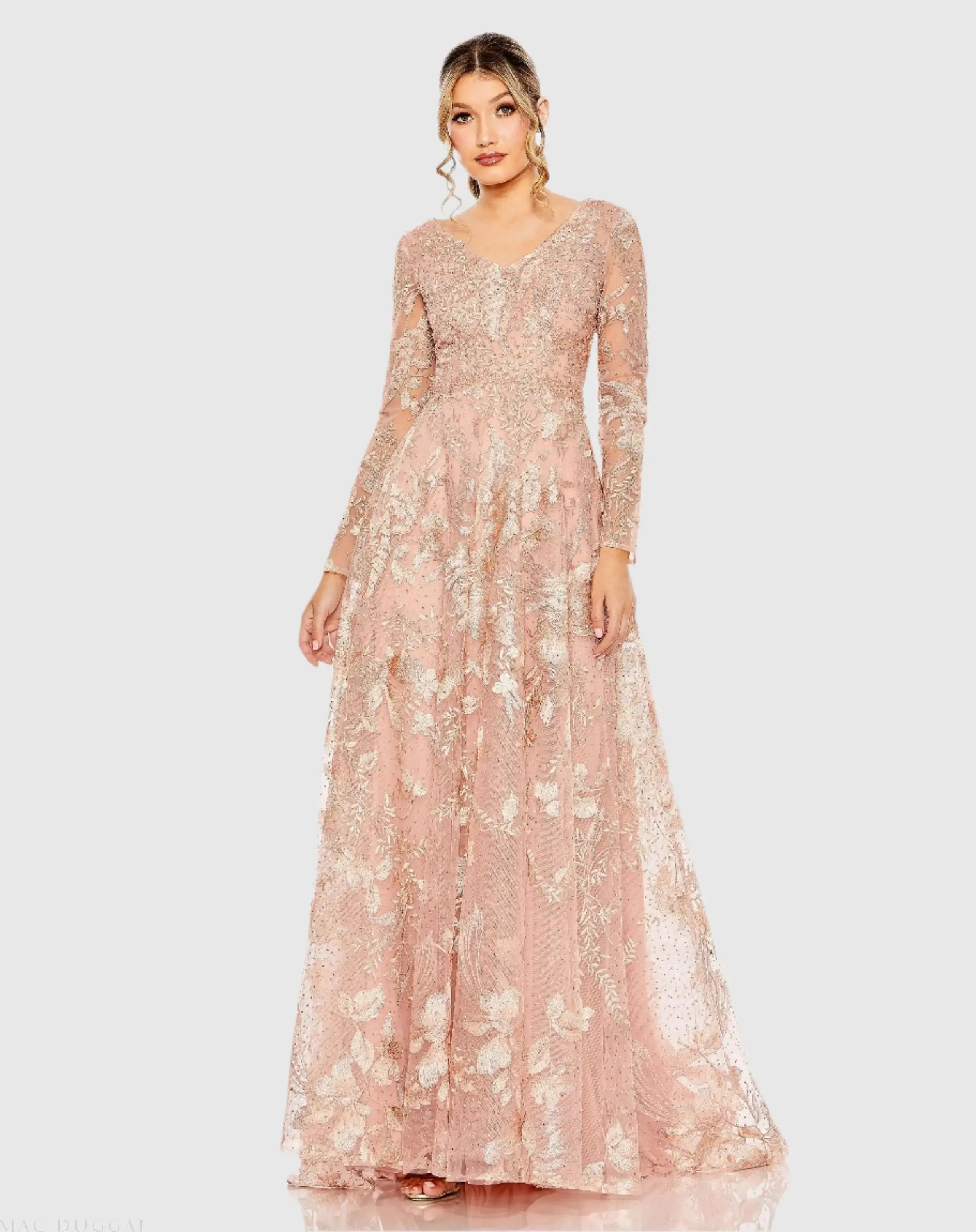 Long Sleeve Beaded Applique Gown