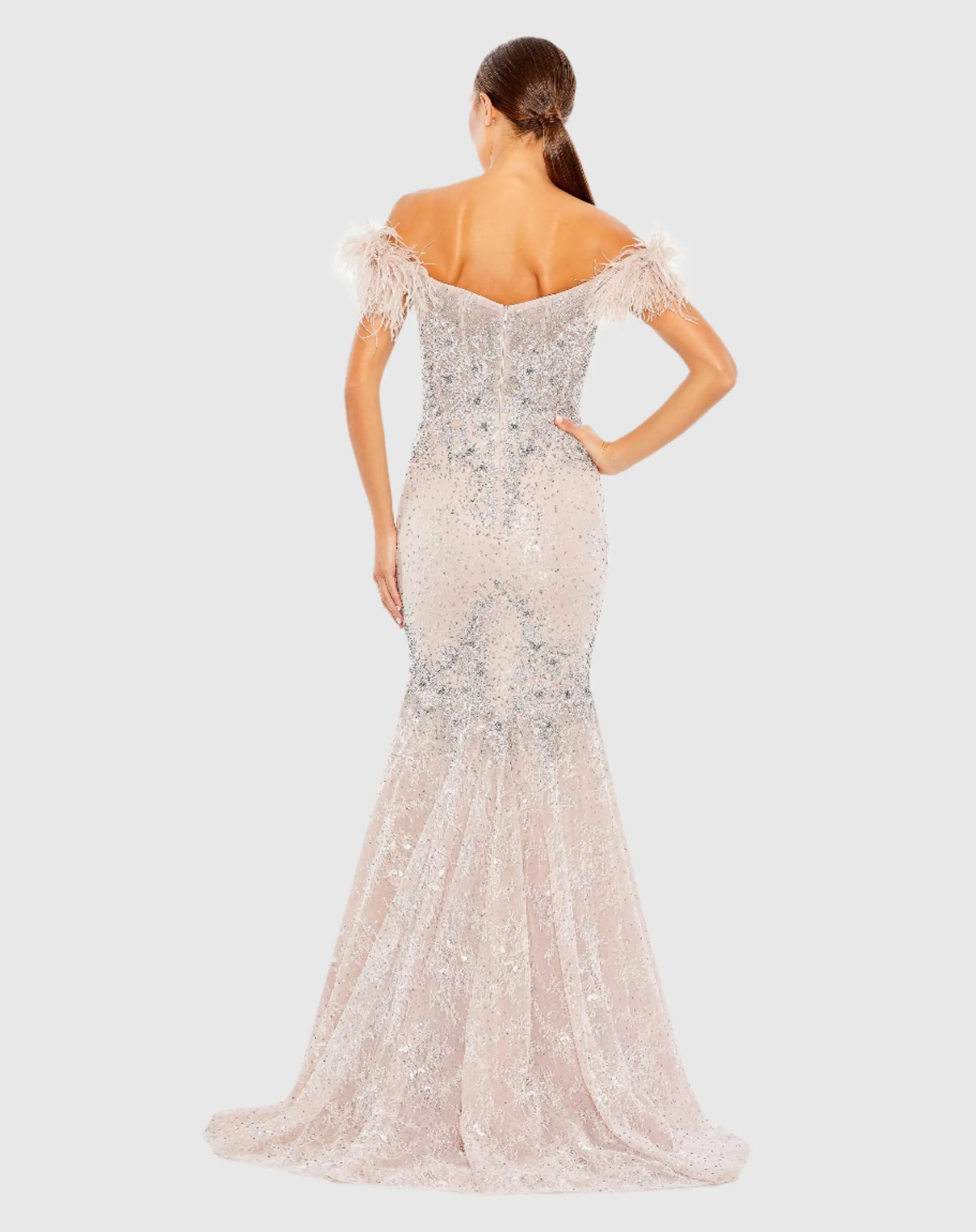 Pink Feathered Crystal Embellished Sleeveless Gown