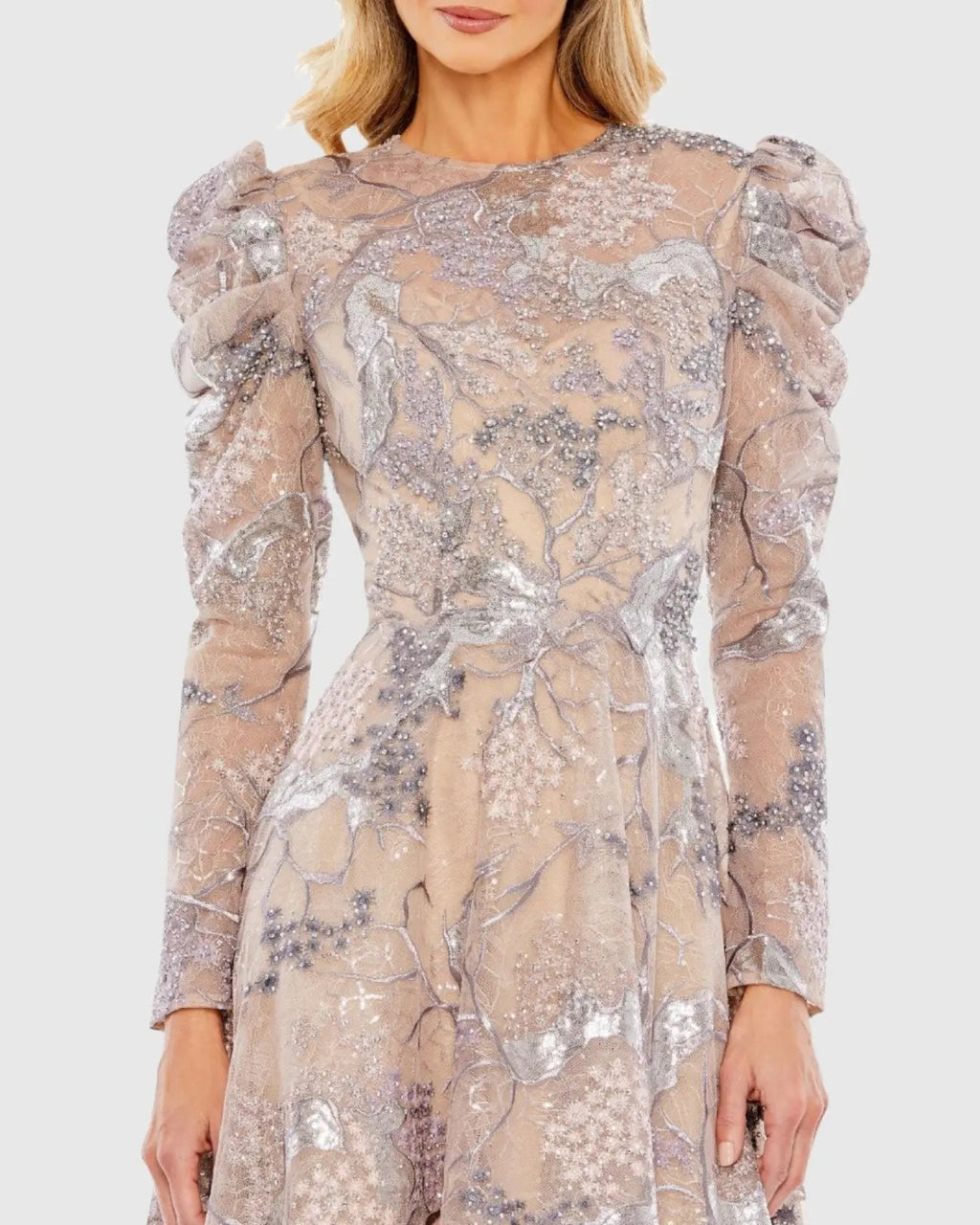Beige Embellished High Neck Puff Sleeve A-Line Dress