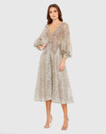 Beige Embellished Plunge Neck Bishop Sleeve Dress