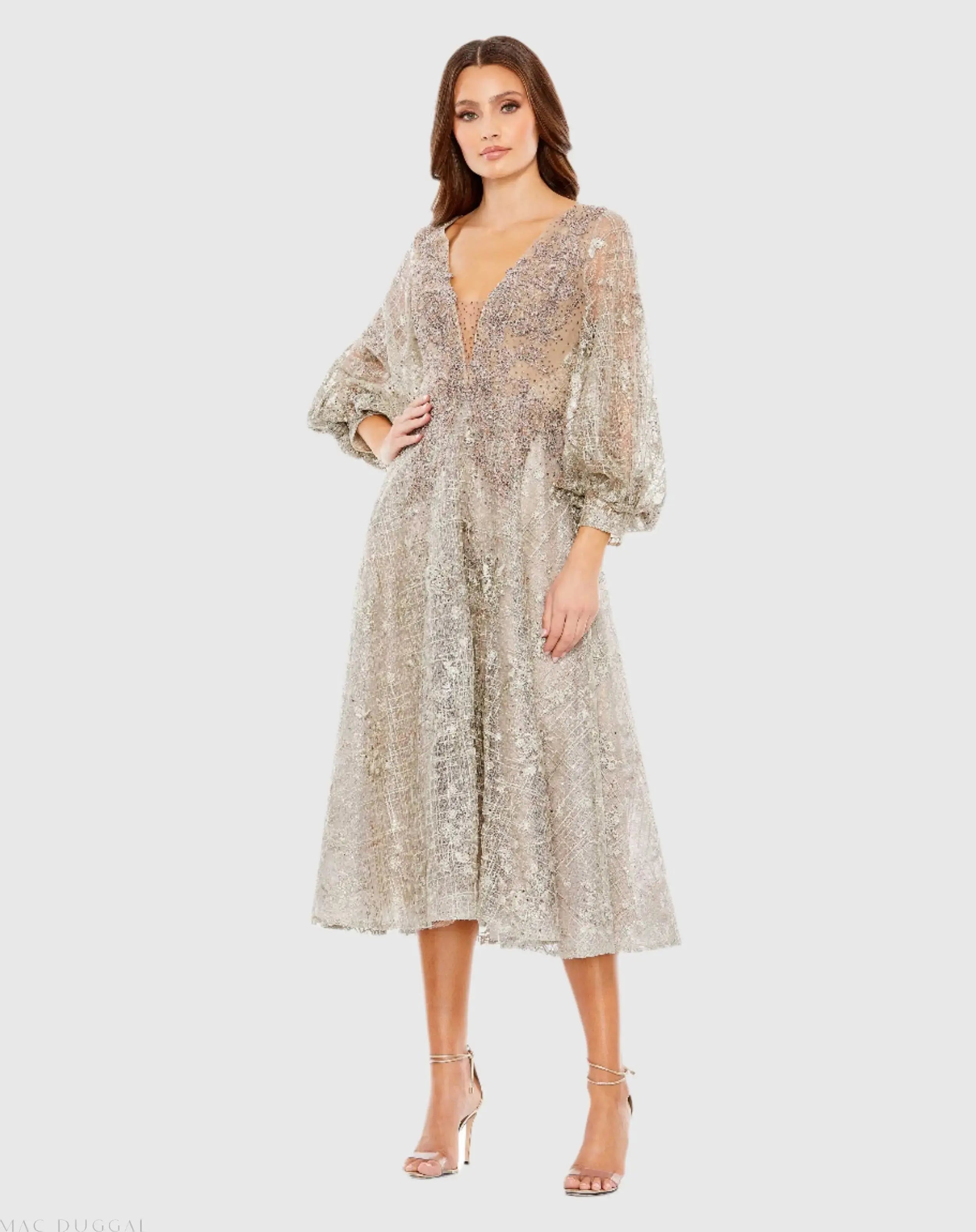 Beige Embellished Plunge Neck Bishop Sleeve Dress