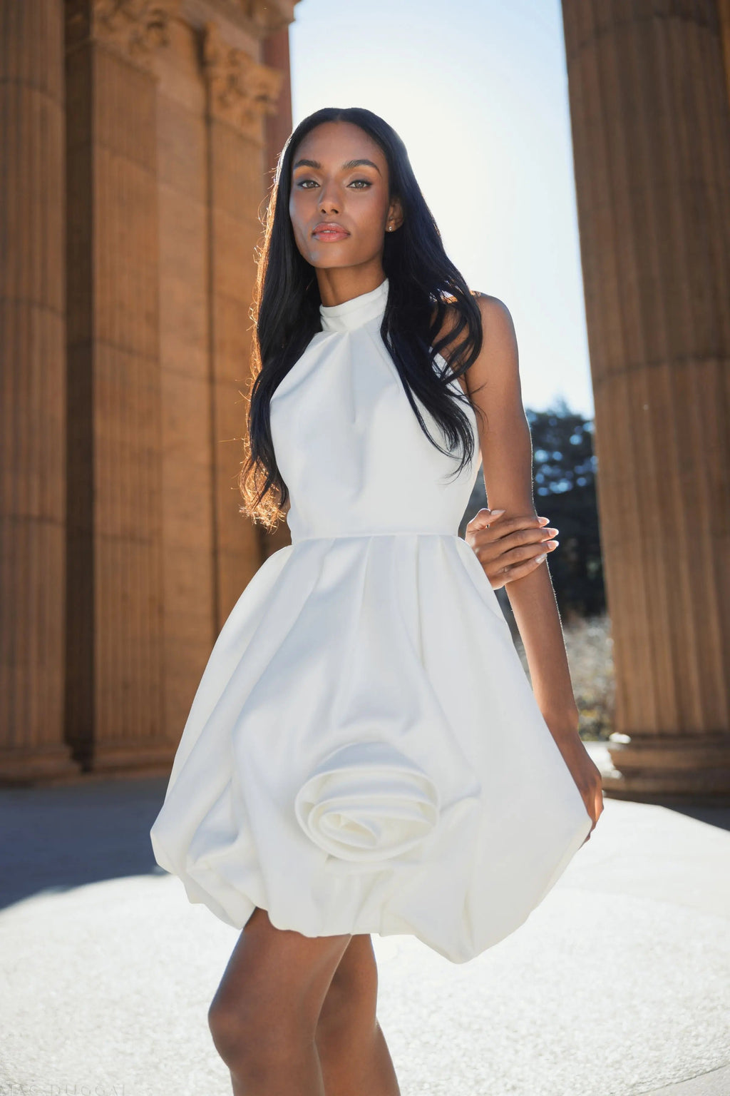 White Halter Neck Bubble Hem Satin Mini Dress