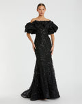 Beaded Mermaid Gown With Off The Shoulder Ruffle