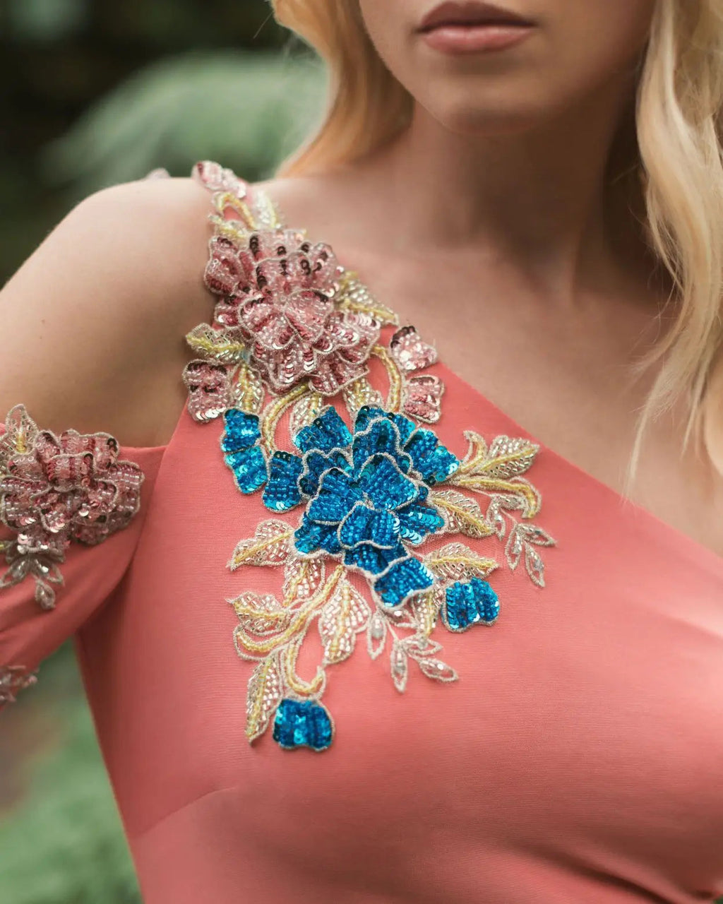 Pink One Shoulder Long Sleeve Floral Embellished Gown