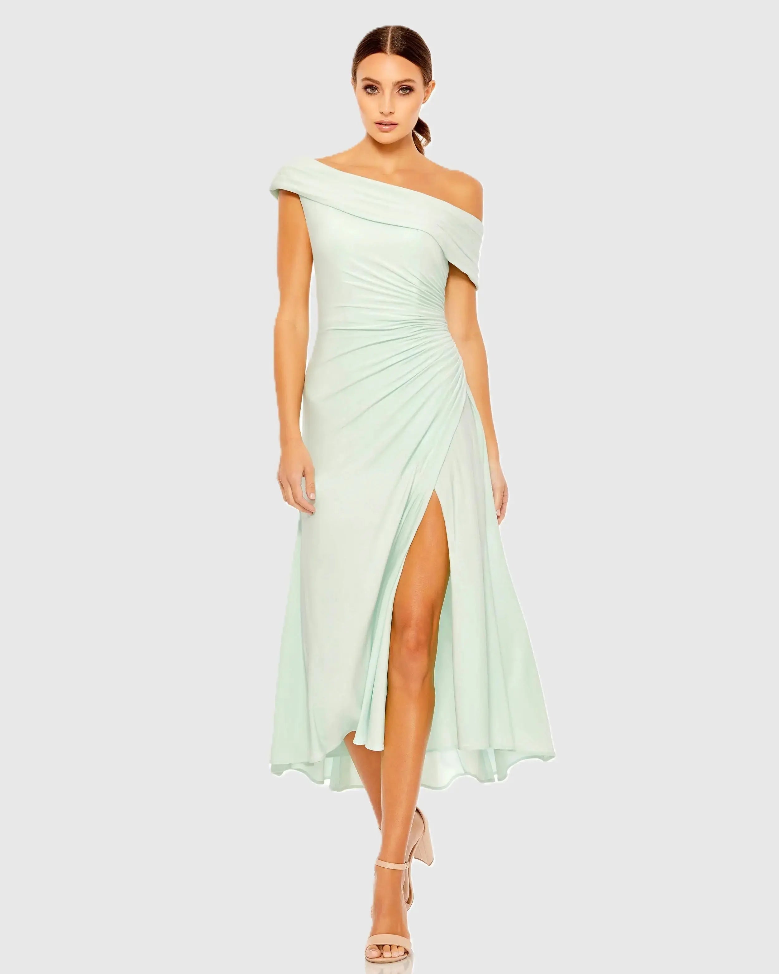Ruched Off-The-Shoulder Midi Dress