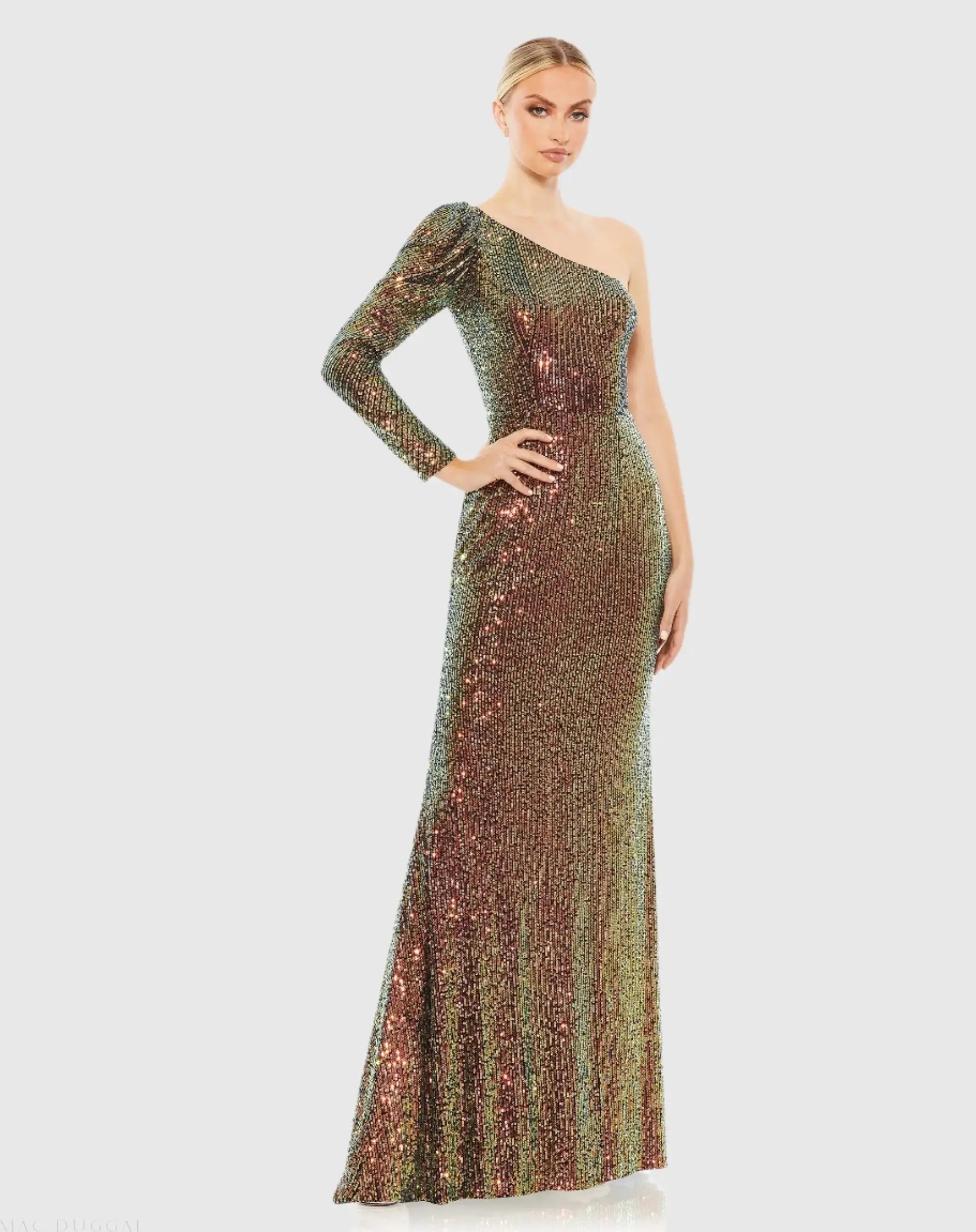 Multicolor Sequined One Shoulder Trumpet Gown
