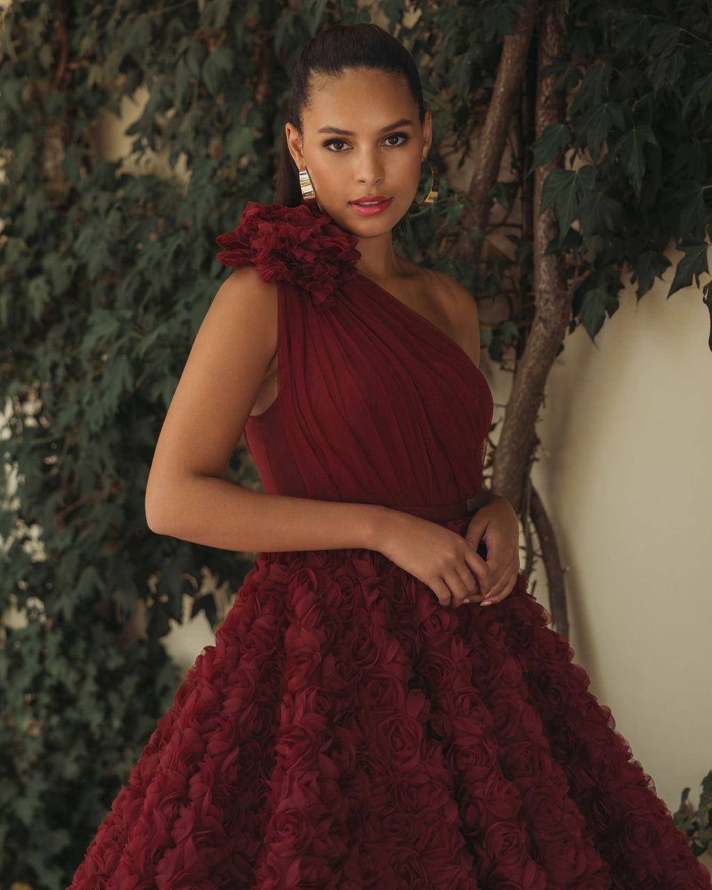 Red One Shoulder Rosette A Line Midi Dress with 3D Flower