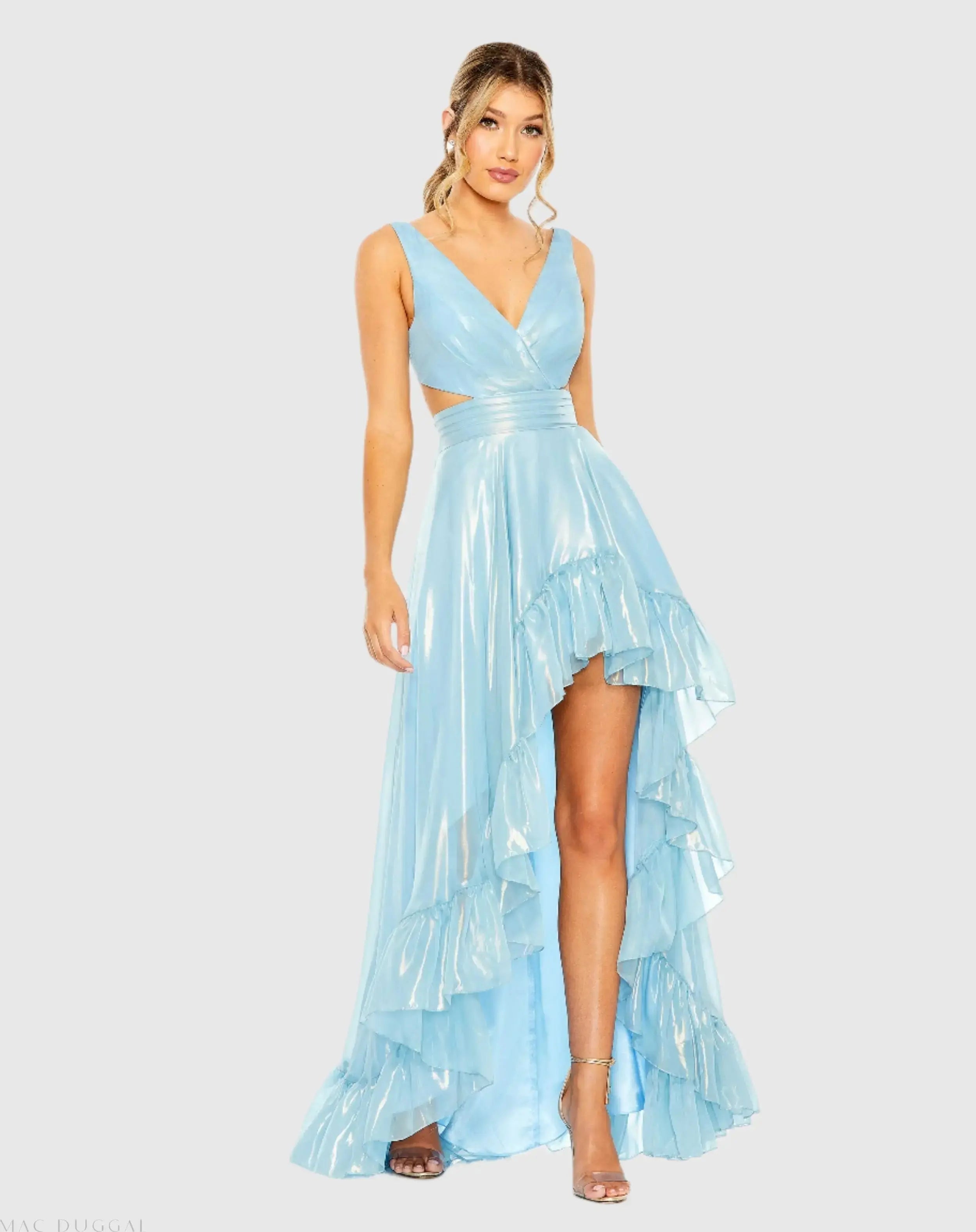 Blue Cut Out High V-Neck Low A-line Dress