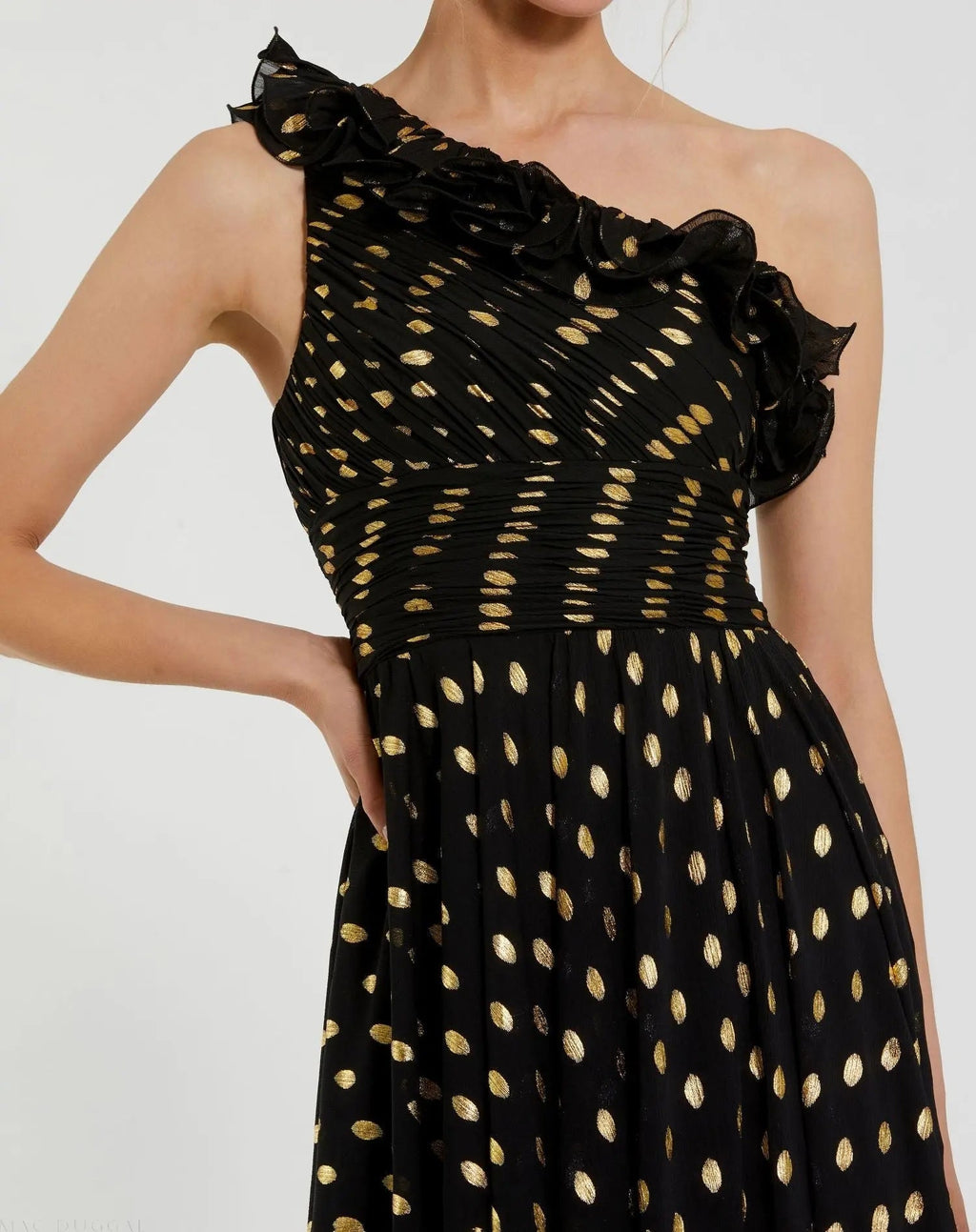Black One Shoulder Ruffle Chiffon Gown With Slit