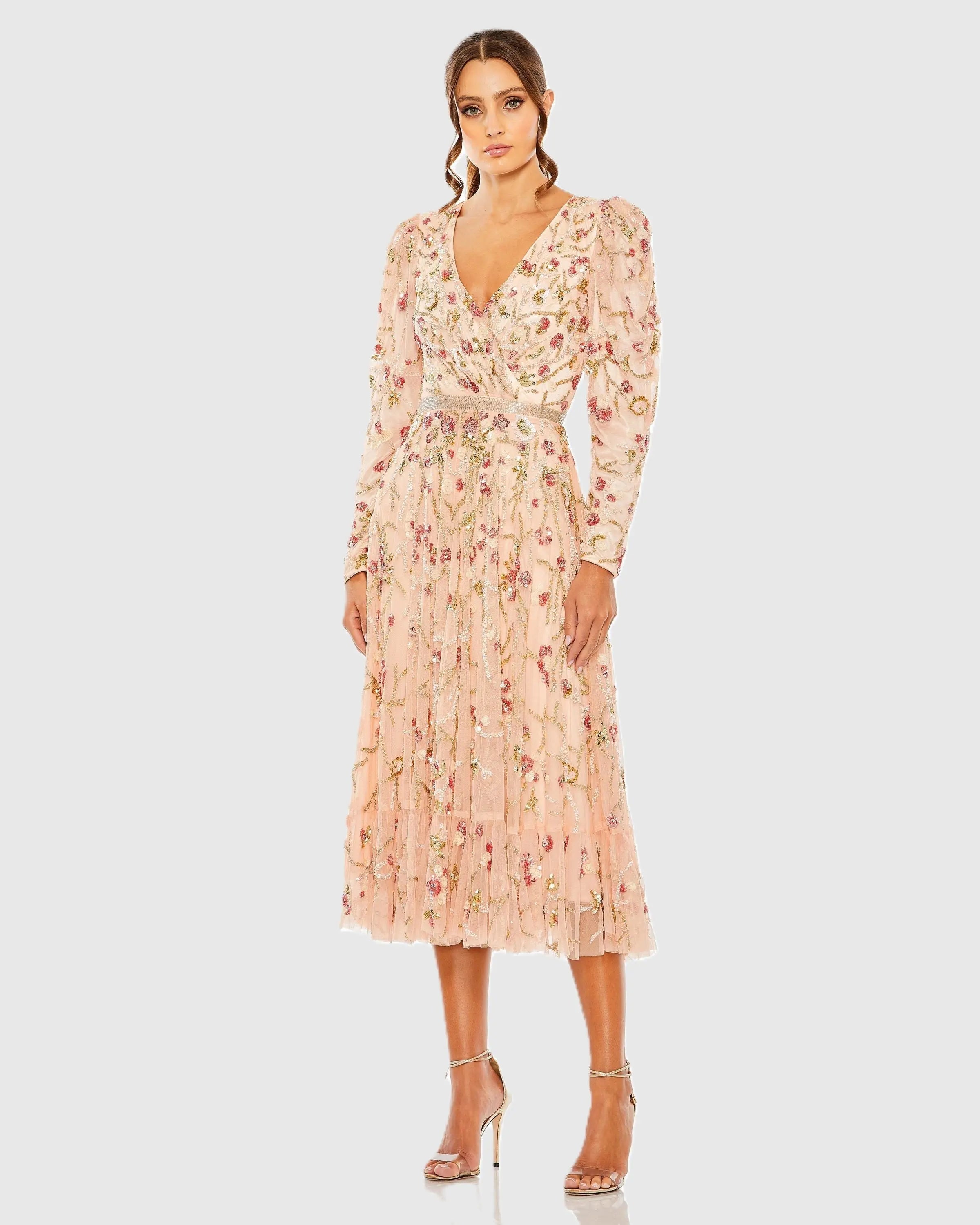 Pink Floral Embellished Wrap Over Puff Sleeve A Line Gown