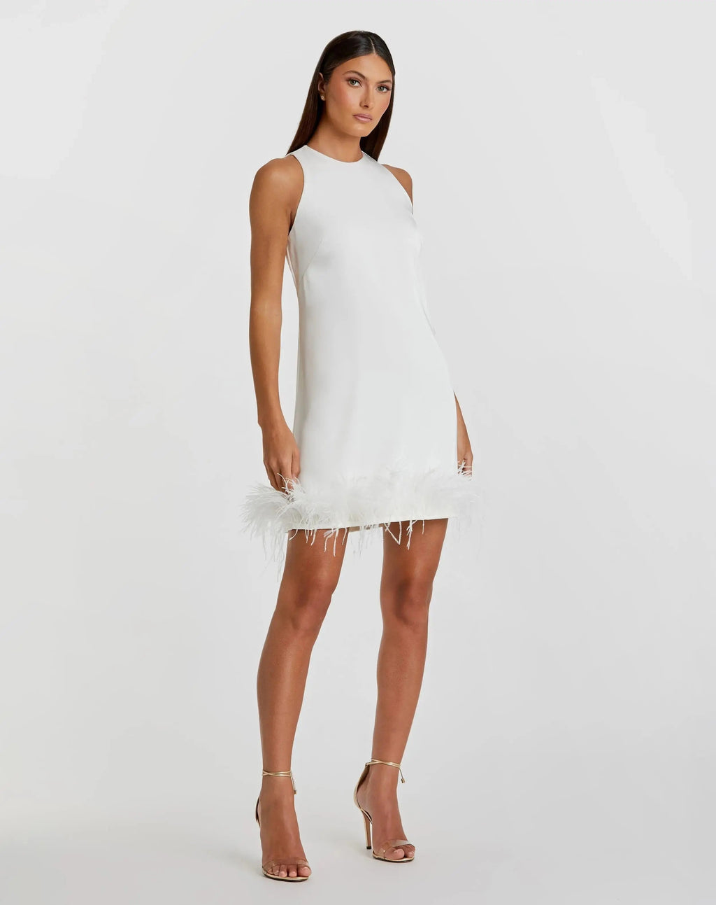 White Feathered Hem High Neck Sleeveless Trapeze Dress - Final Sale