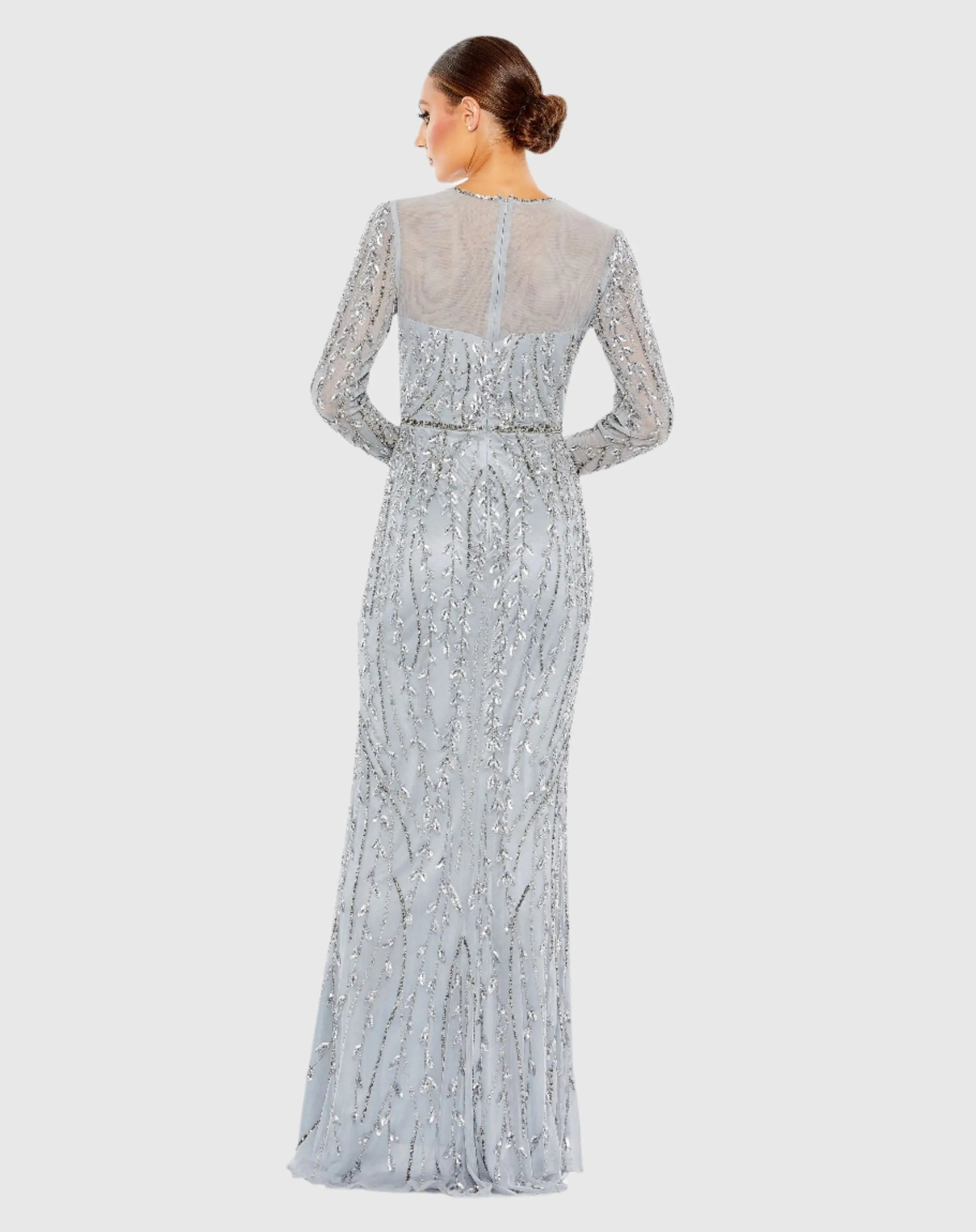 Blue Embellished Illusion High Neck Long Sleeve Gown