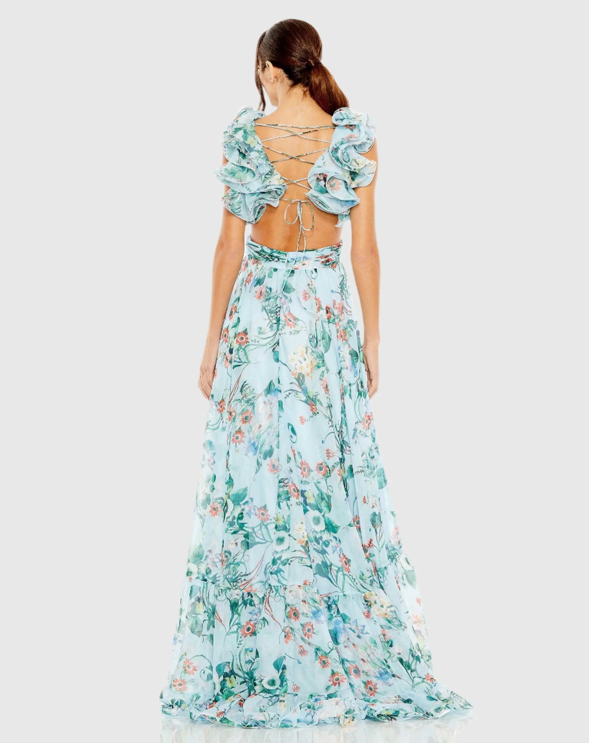 Blue Chiffon V-Neck Sleeveless Cut-Out Lace Up Back Gown
