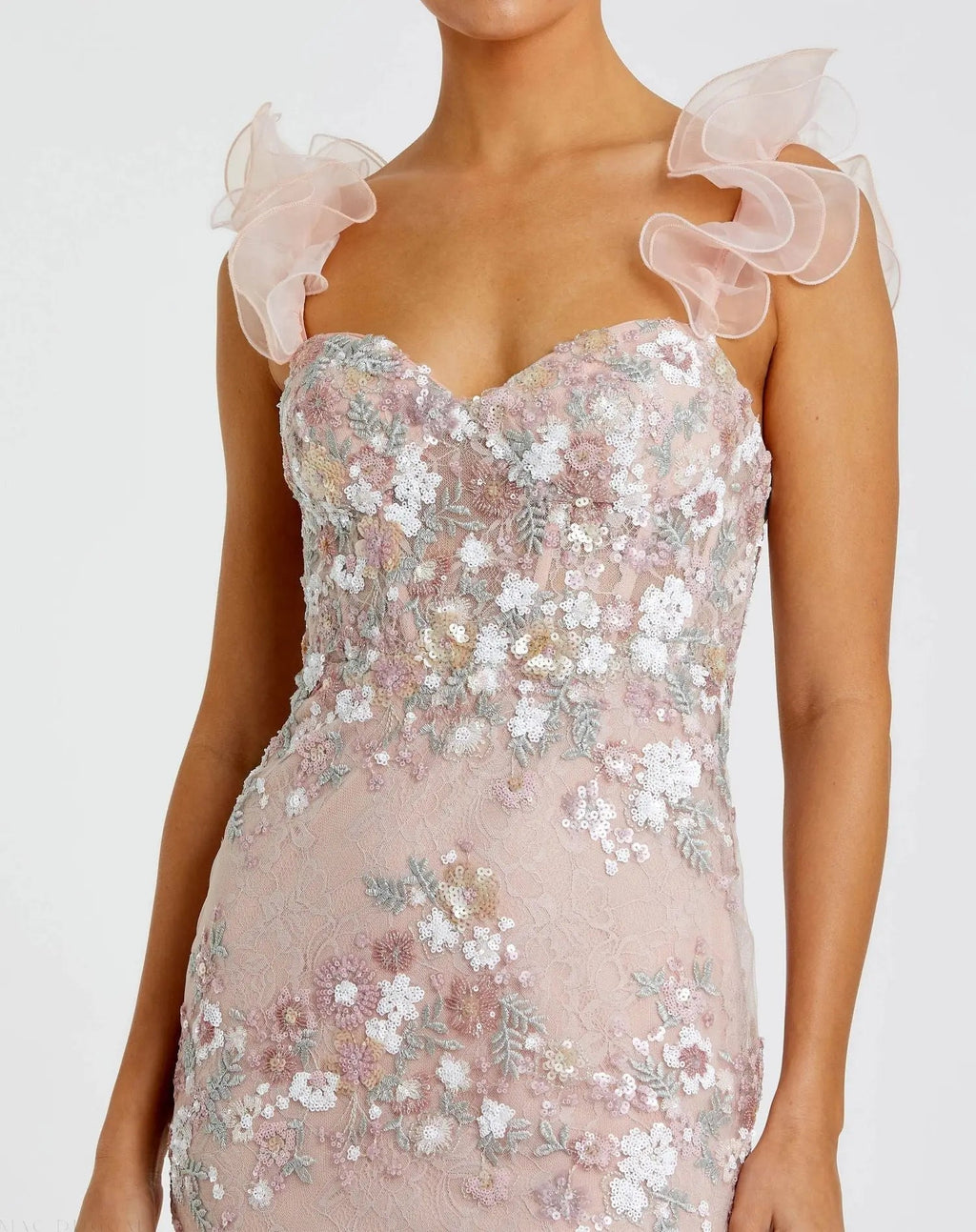 Pink Embroidered Floral Column Gown with Ruffle Straps