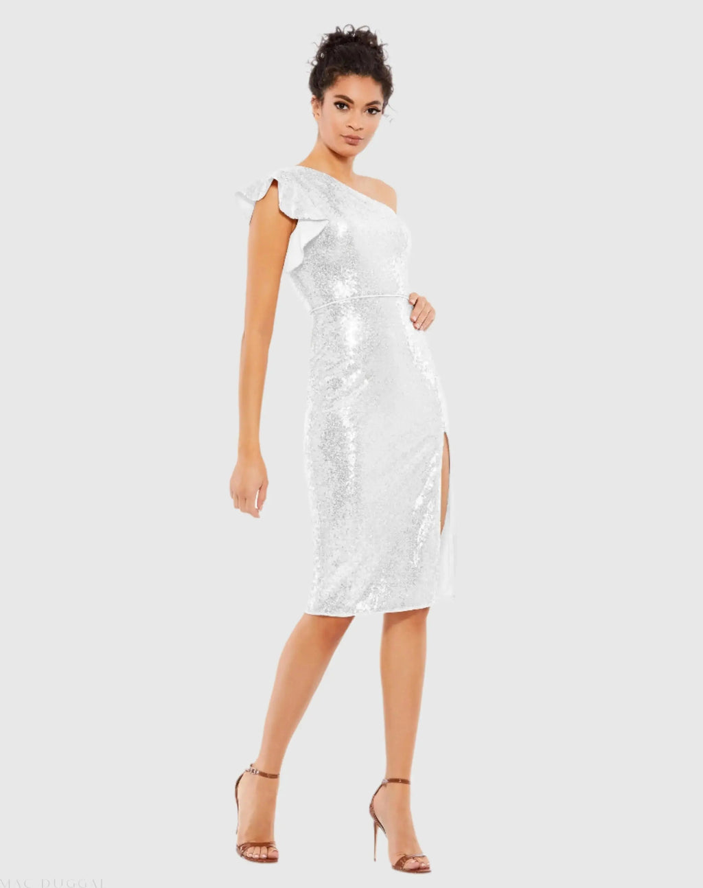Sequined Flutter One Shoulder Fitted Midi Dress