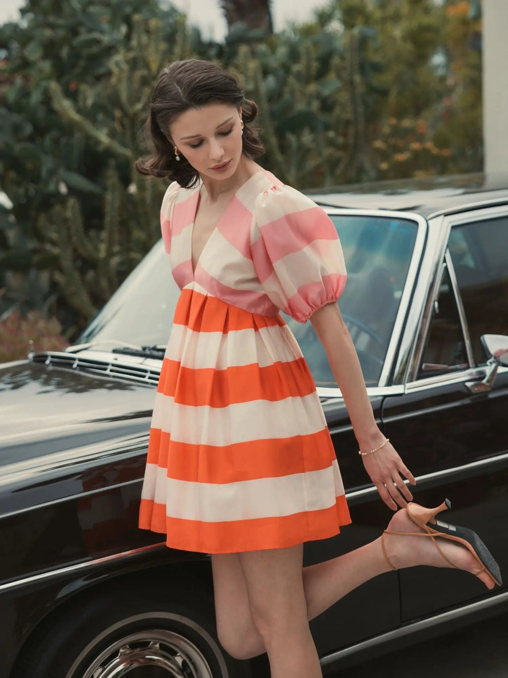 Multicolor Organza Striped Balloon Sleeve Mini Dress