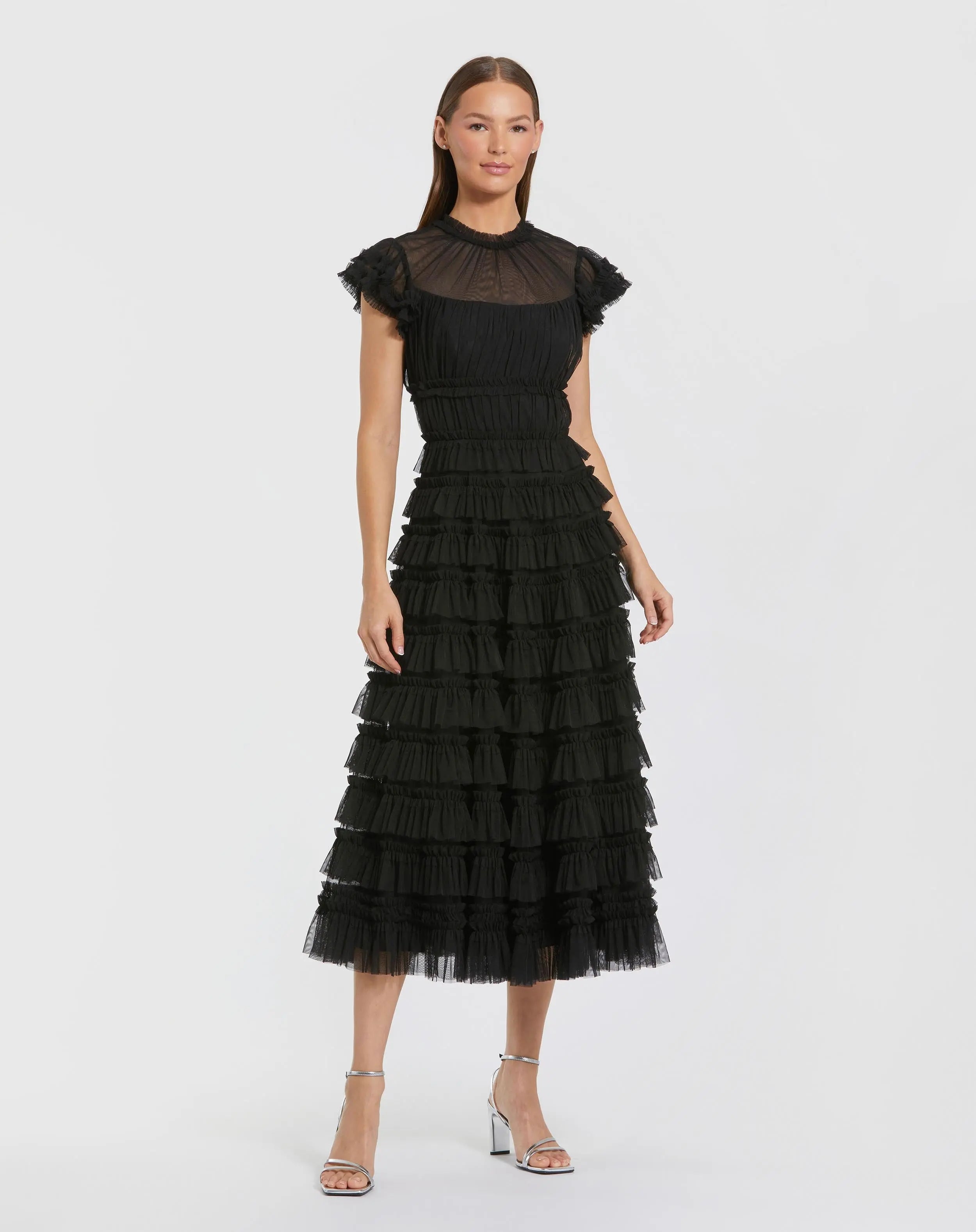 Ruffle High Neck Cap Sleeve Midi Dress
