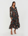 Teal Long Sleeve Floral Midi Dress With Ruffles