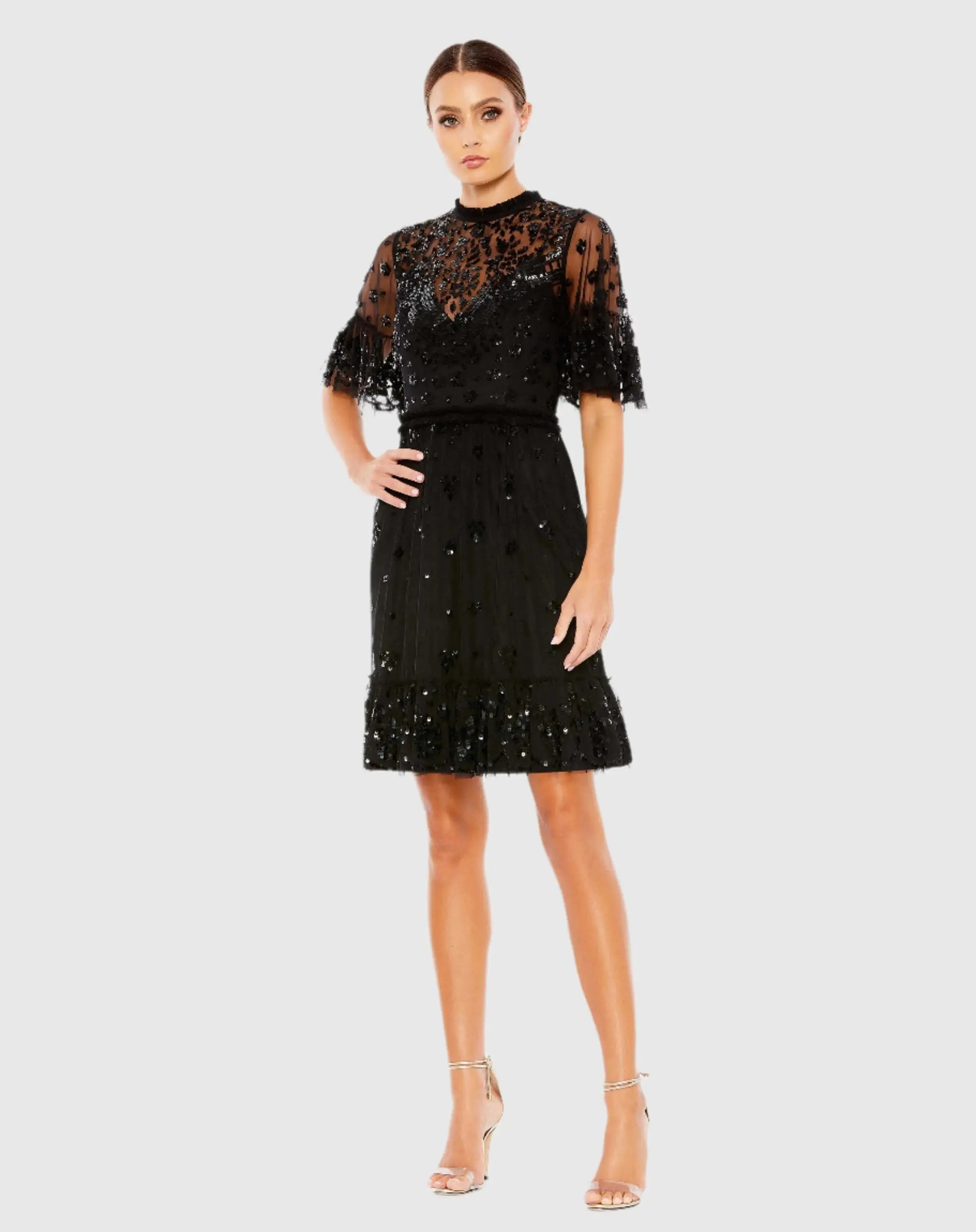 Black Embellished Illusion High Neck Mini Dress