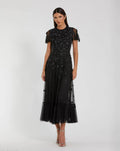 Black Embellished High Neck Flutter Sleeve A Line Dress