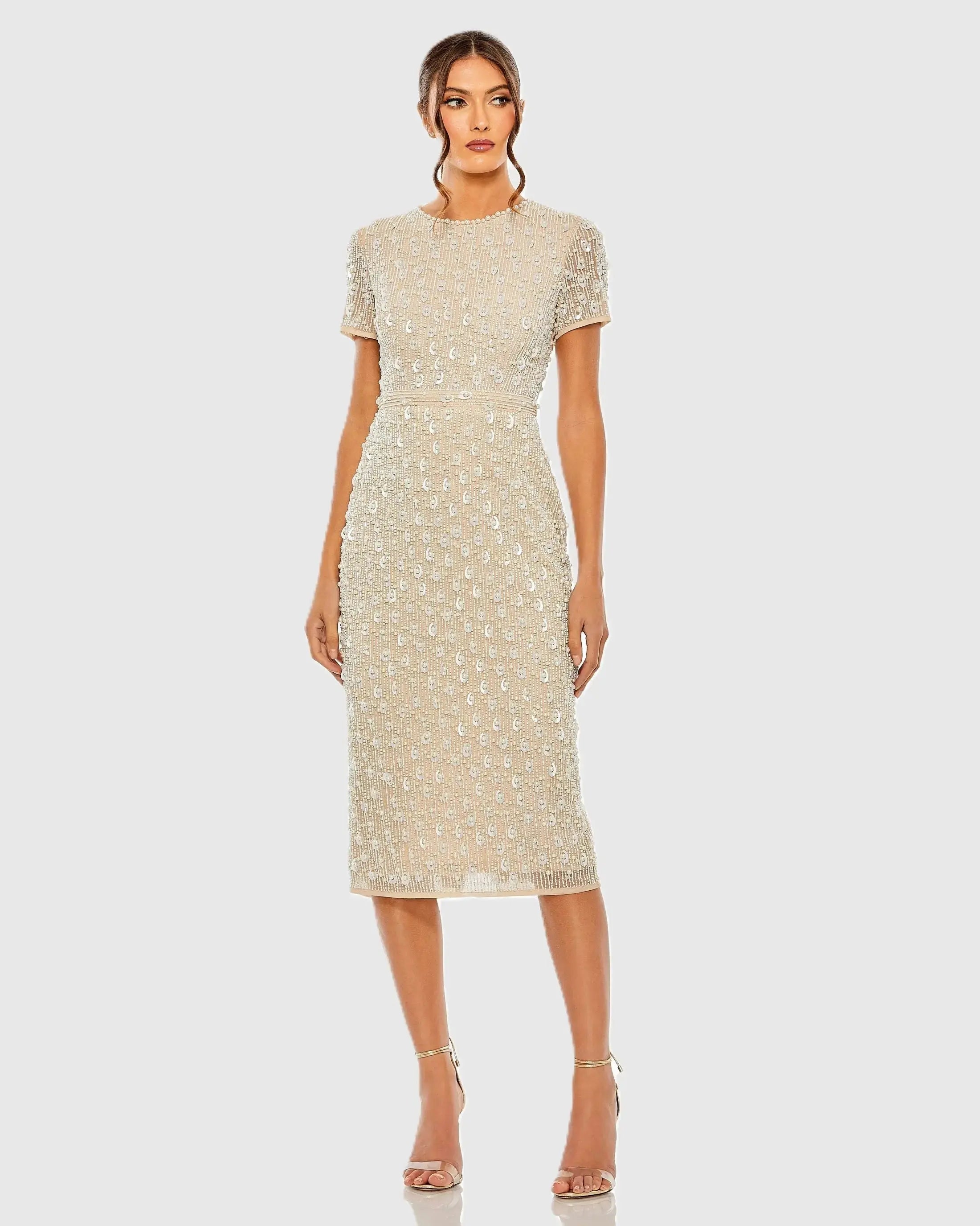 High Neck Short Sleeve Embellished Dress