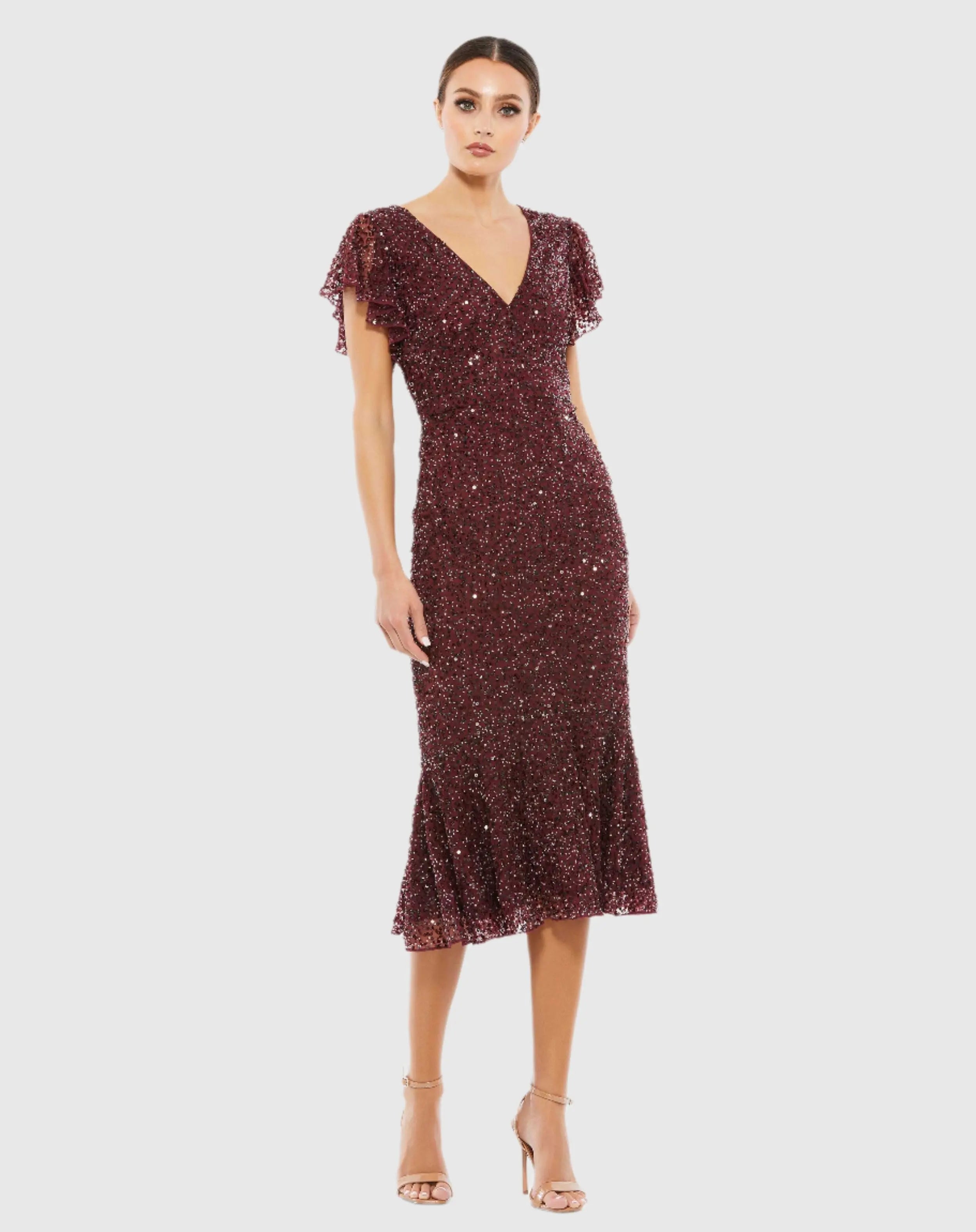 Red Sequined V Neck Flutter Cap Sleeve Trumpet Dress