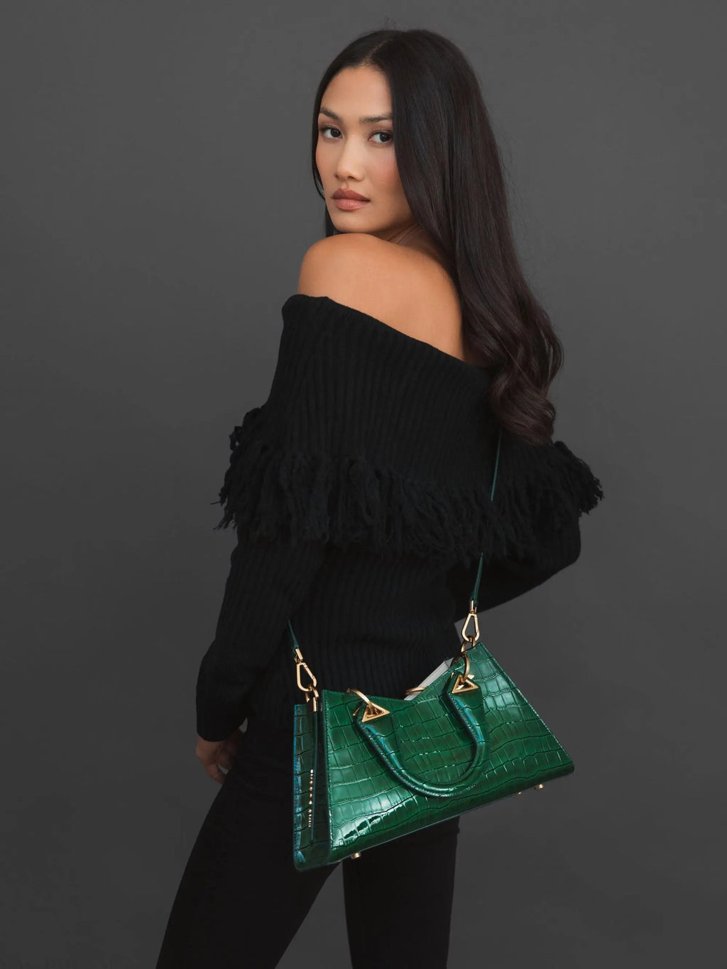 Green Crocodile Leather Handbag With Gold Hardware