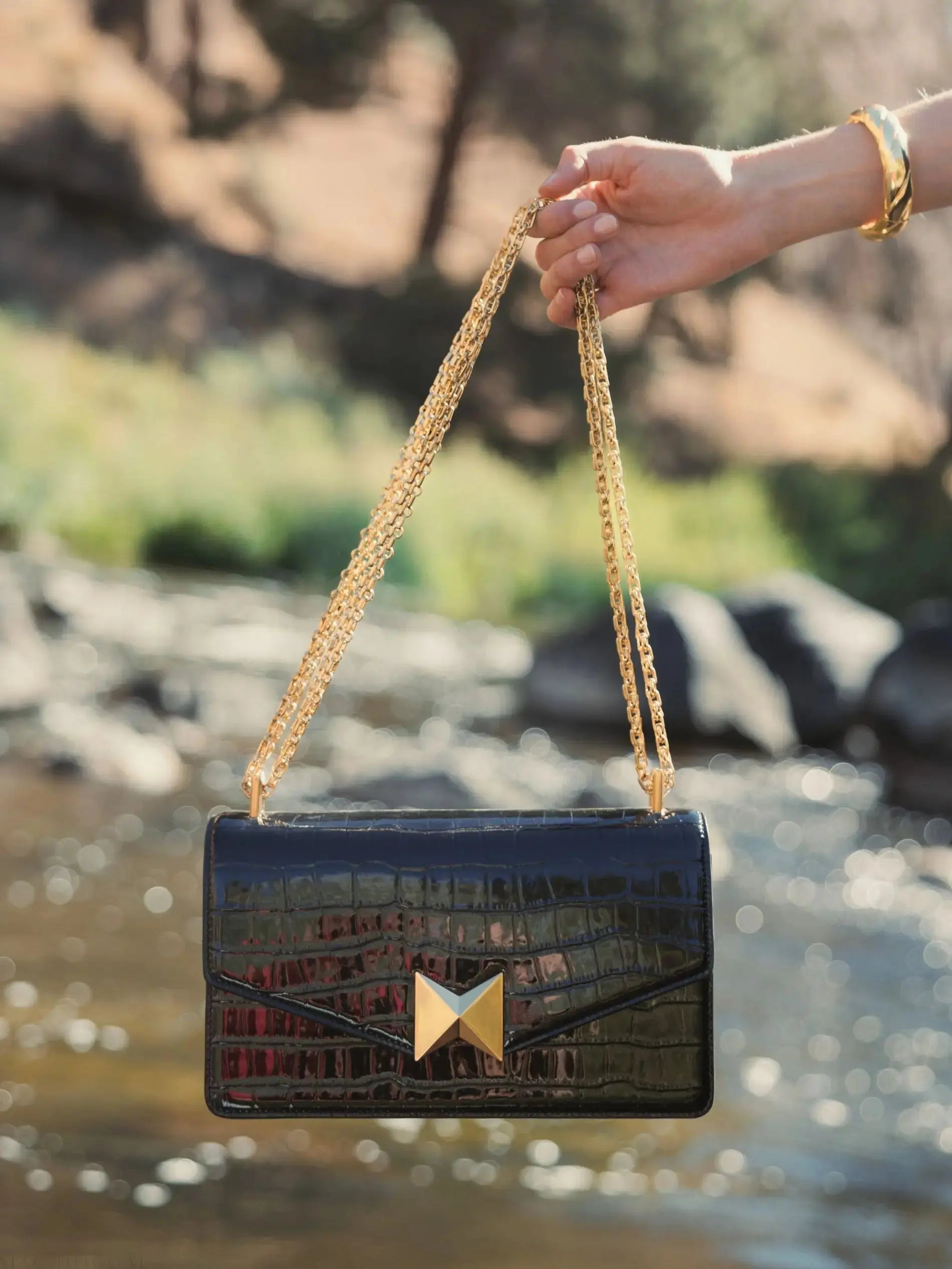Black Crocodile Leather Shoulder Bag With Gold Hardware