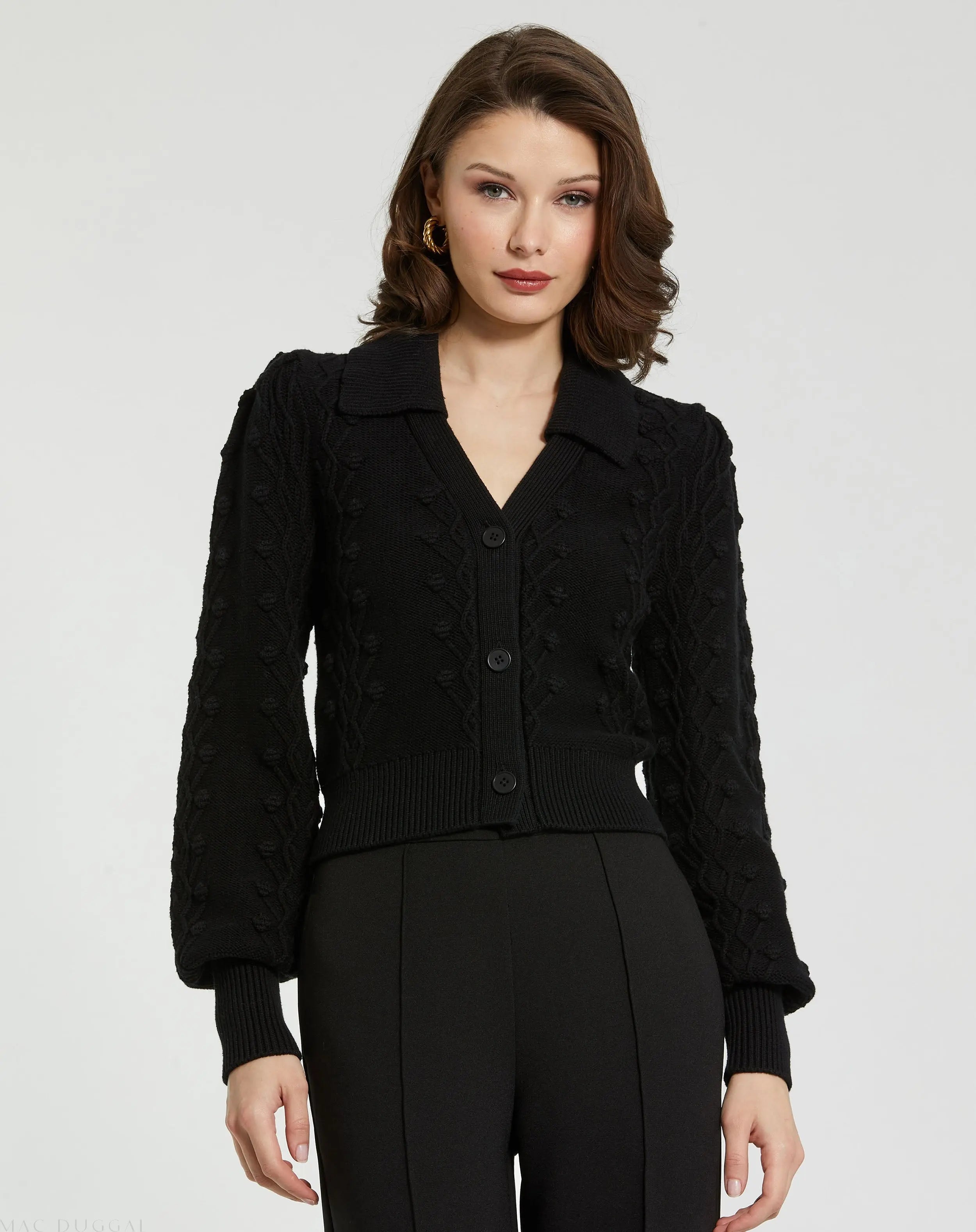 Black Cropped Bobble Cable Knit Button Up Cardigan Sweater