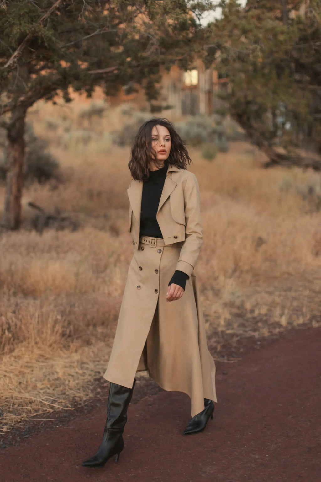 Beige Twill Midi Skirt With Buttons